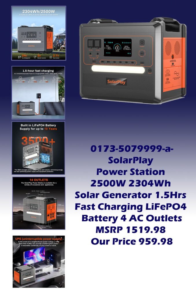 0173-5079999-a-SolarPlay Power Station 2500W 2304Wh Solar Generator 1.5Hrs Fast Charging LiFePO4 Battery 4 AC Outlets_img1 MSRP 1519.98 Our Price 959.98 copy