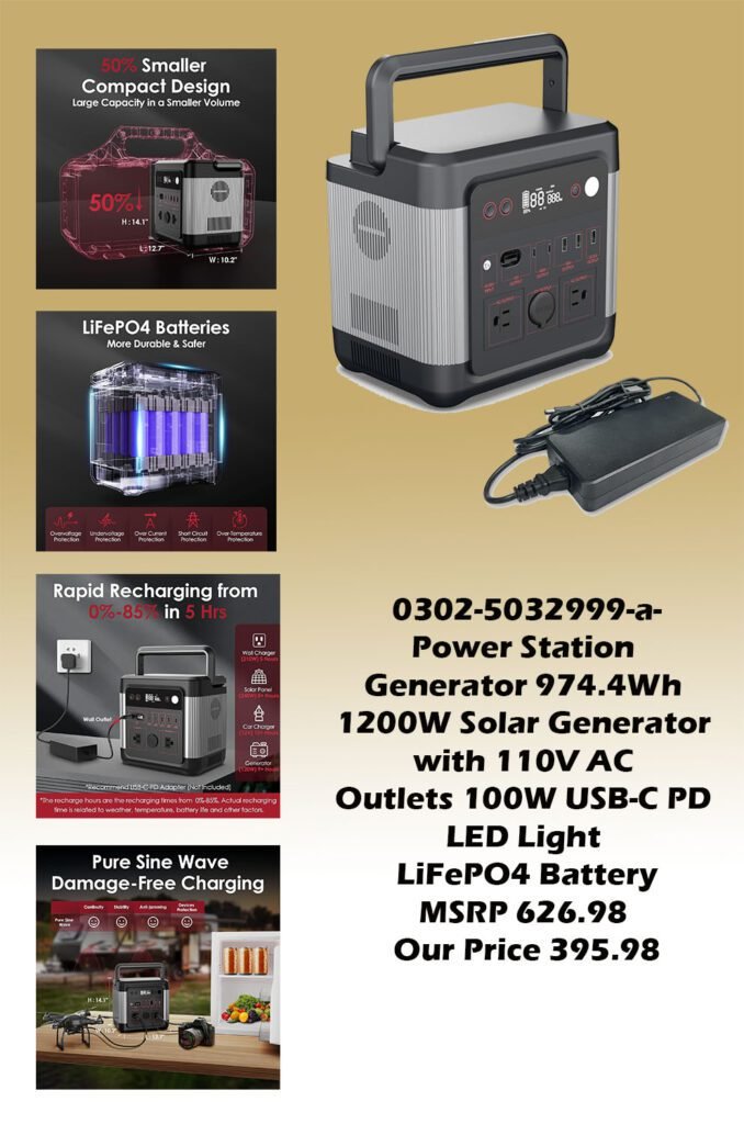 0302-5032999-a-Power Station Portable Generator 974.4Wh 1200W Solar Generator with 110V AC Outlets 100W USB-C PD LED Light LiFePO4 Battery_img1 MSRP 626.98 Our Price 395.98 copy