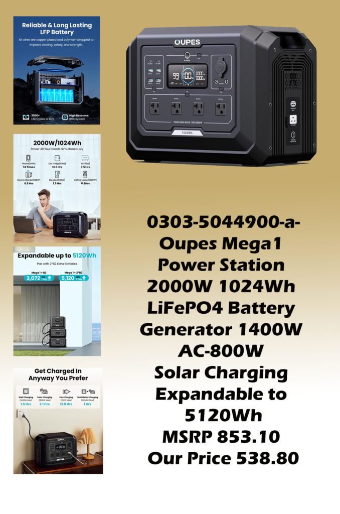 0303-5044900-a-Oupes Mega1 Power Station 2000W 1024Wh LiFePO4 Battery Generator 1400W AC-800W Solar Charging Expandable to 5120Wh_img1 MSRP 853.10 Our Price 538.80 copy