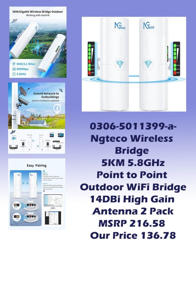 0306-5011399-a-Ngteco Wireless Bridge 5KM 5.8GHz Point to Point WiFi Bridge 14DBi High Gain Antenna 2 Pack_img1 MSRP 216.58 Our Price 136.78 copy